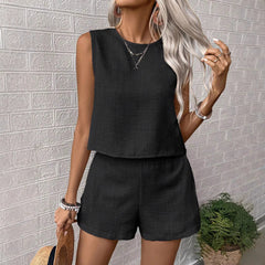 Solid color imitation cotton linen sleeveless undershirt shorts two-piece suit women