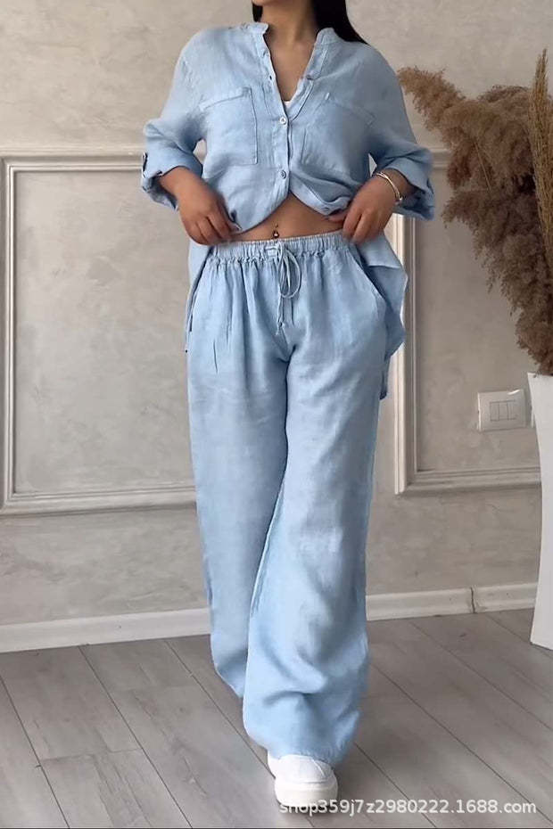 Casual Cotton Linen Solid Colour Shirt Drawstring Wide Leg Pants Set