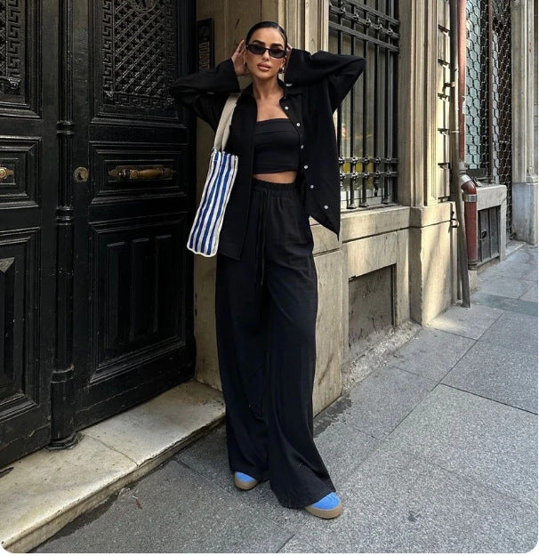 Casual Cotton Linen Solid Colour Shirt Drawstring Wide Leg Pants Set
