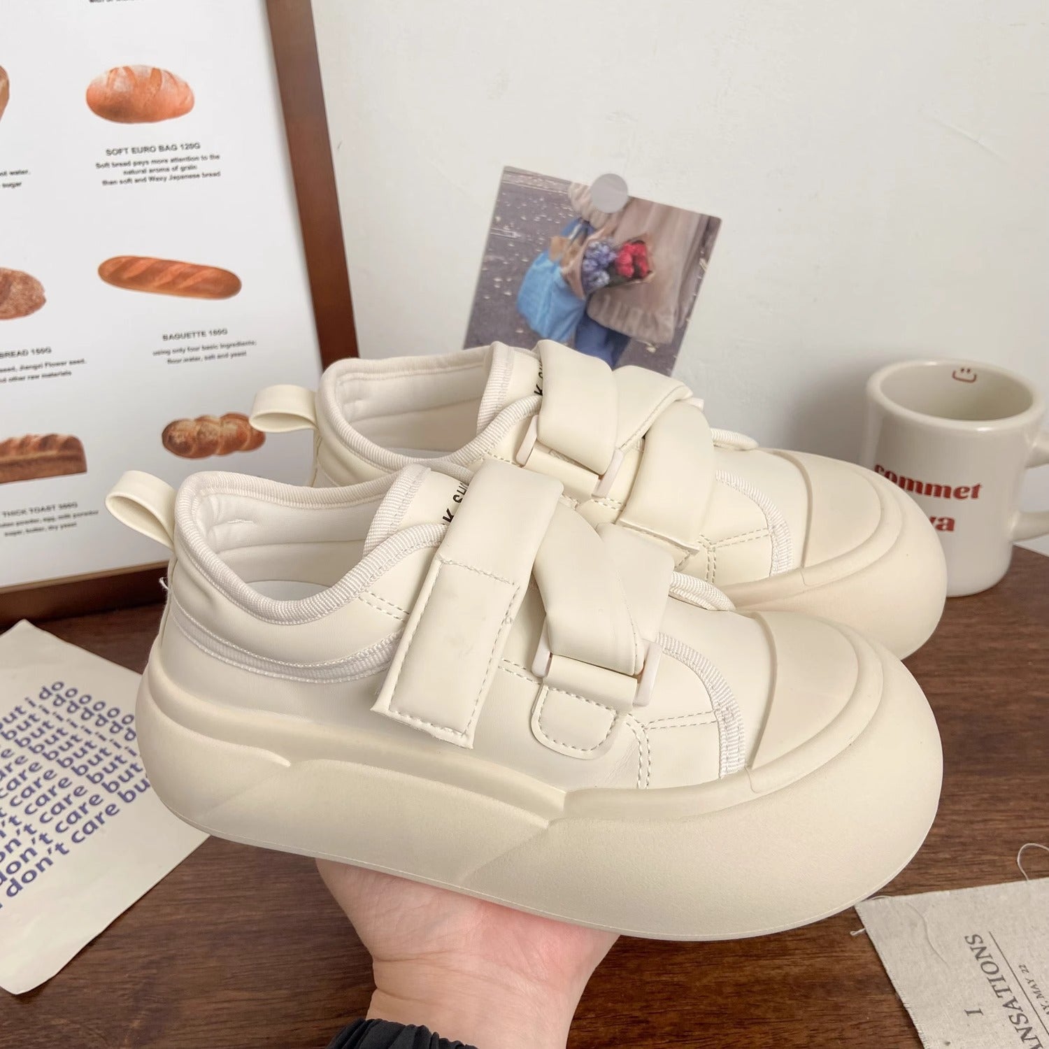 Cream velcro white shoes women