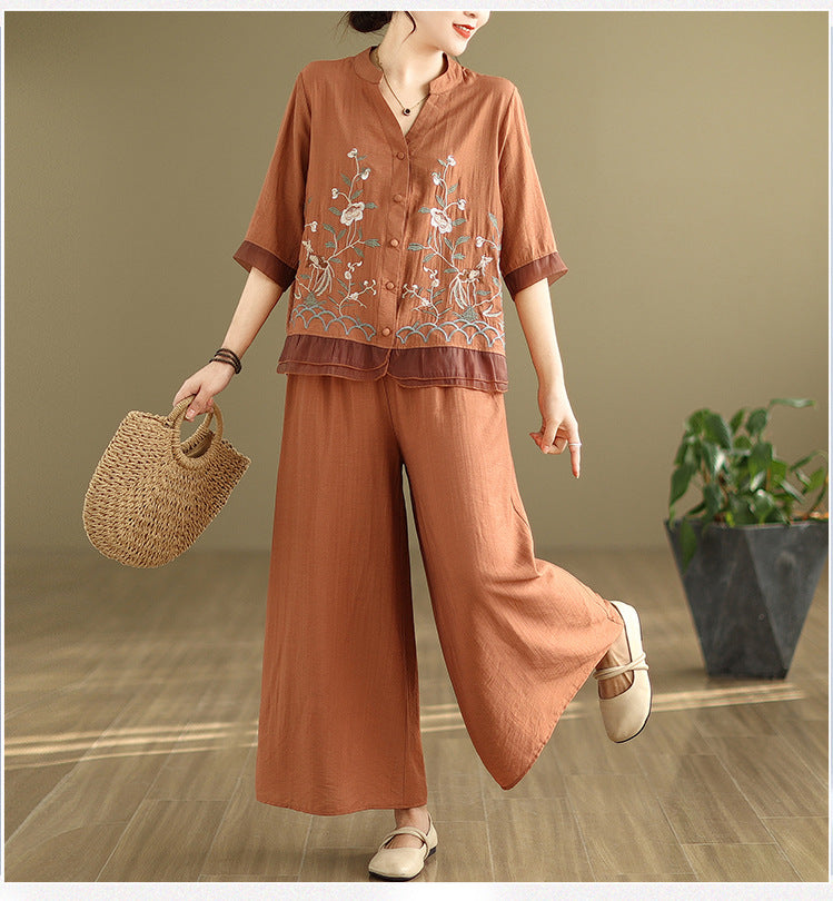 2025 Summer Cotton Linen Small Standing Collar Embroidered Top + Wide Leg Pants Loose Fashion Two Piece Set
