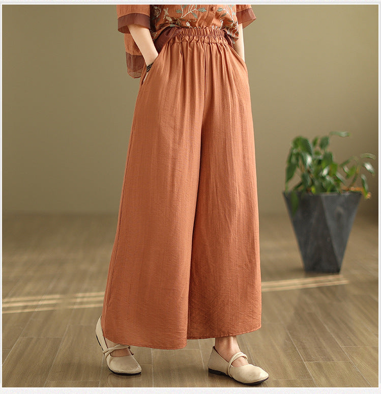 2025 Summer Cotton Linen Small Standing Collar Embroidered Top + Wide Leg Pants Loose Fashion Two Piece Set