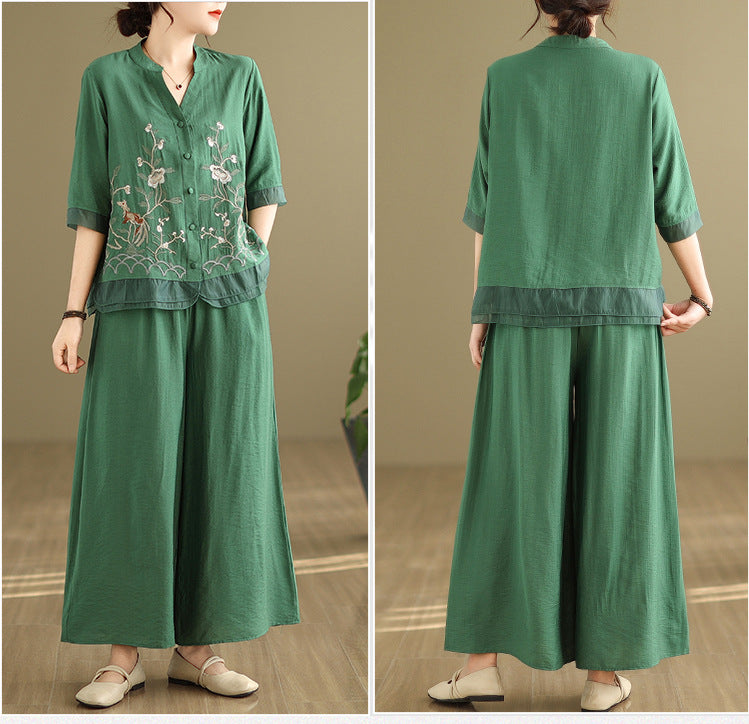 2025 Summer Cotton Linen Small Standing Collar Embroidered Top + Wide Leg Pants Loose Fashion Two Piece Set