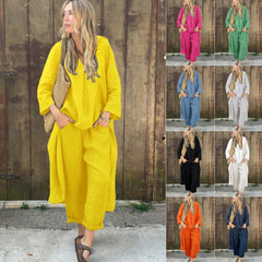 2025 Large Size Cotton Linen Shirt Set High Waisted Loose Pants