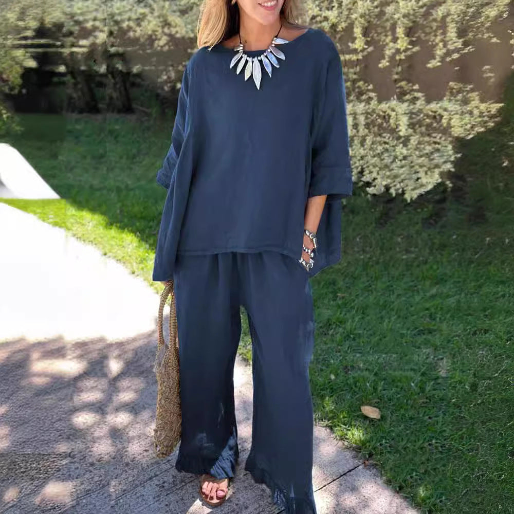 Cotton linen suit women's fashion solid colour loose casual trousers two-piece