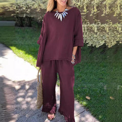 Cotton linen suit women's fashion solid colour loose casual trousers two-piece