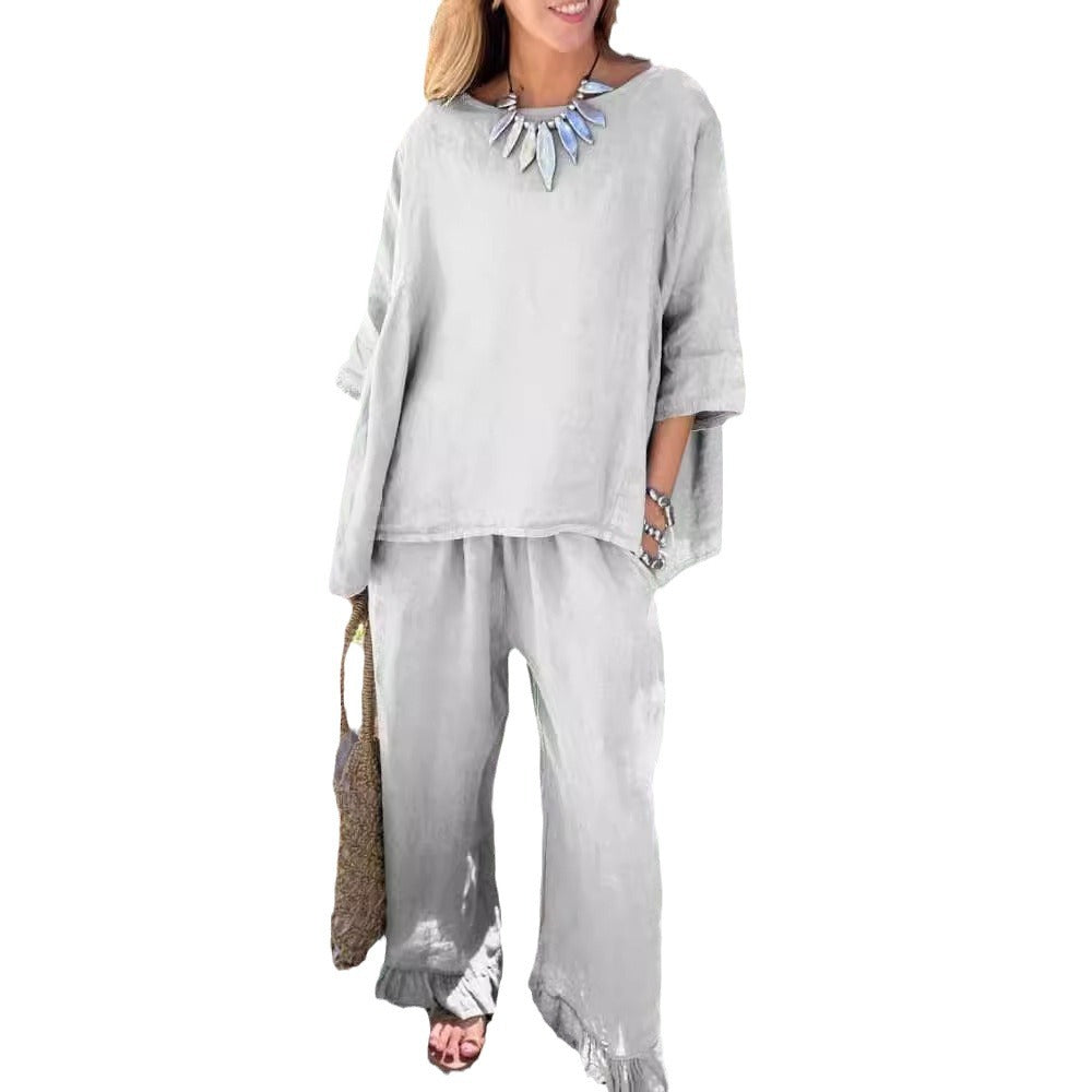 Cotton linen suit women's fashion solid colour loose casual trousers two-piece