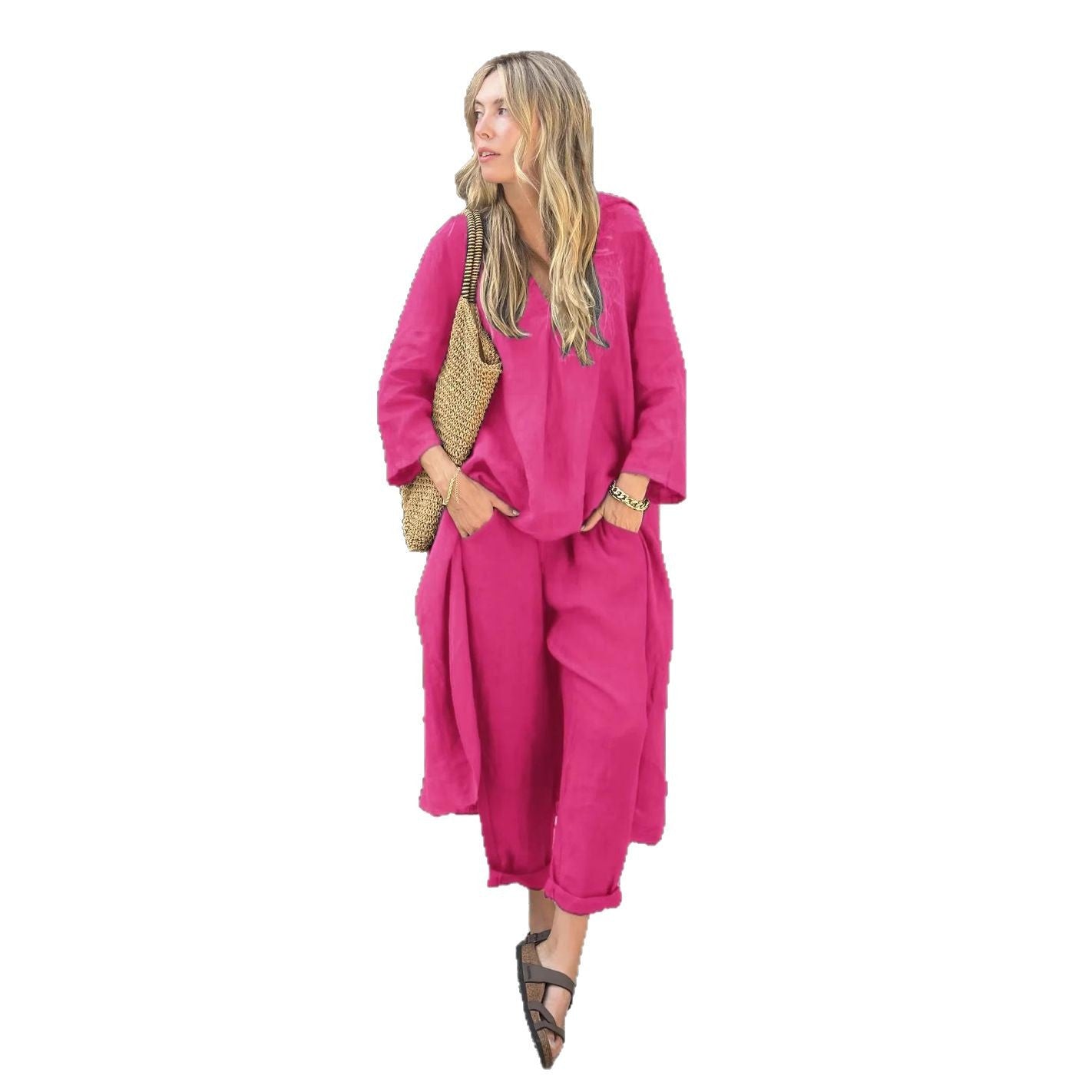 2025 Large Size Cotton Linen Shirt Set High Waisted Loose Pants
