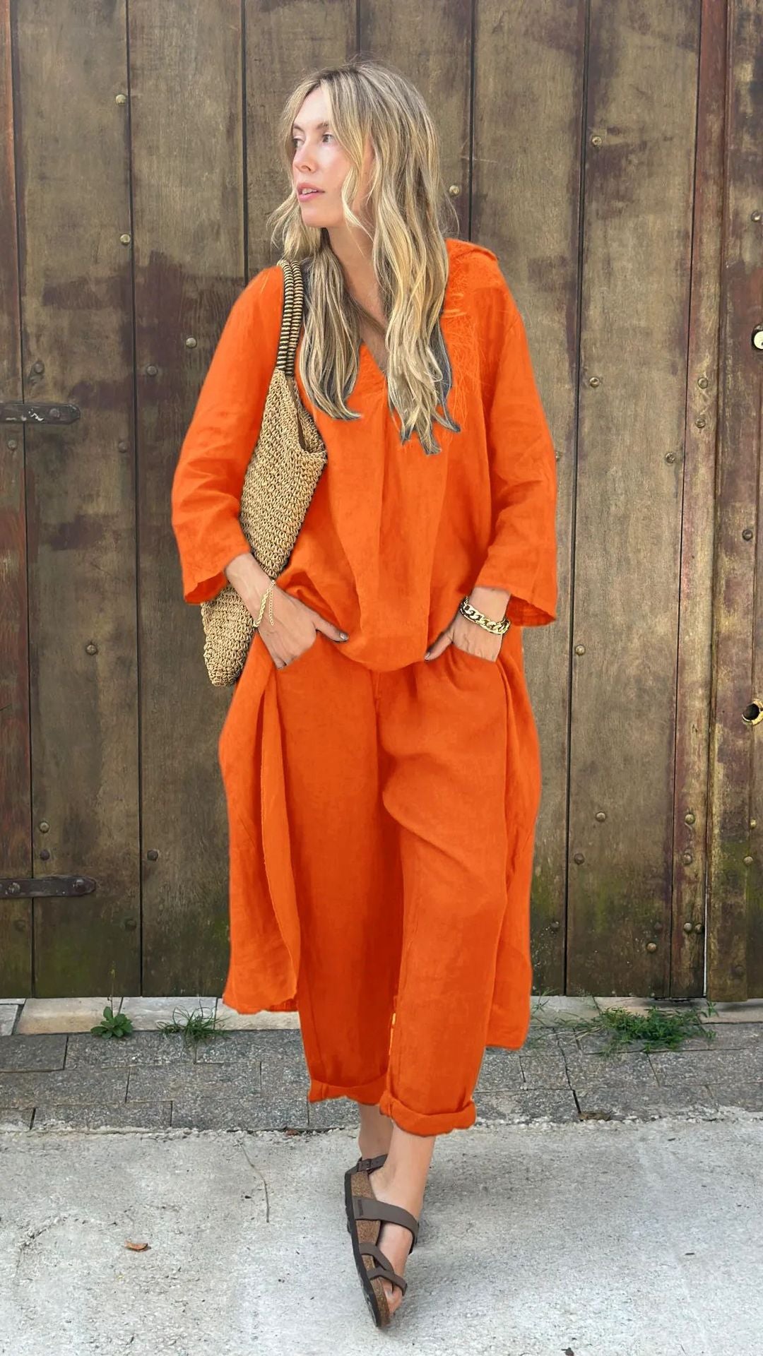 2025 Large Size Cotton Linen Shirt Set High Waisted Loose Pants