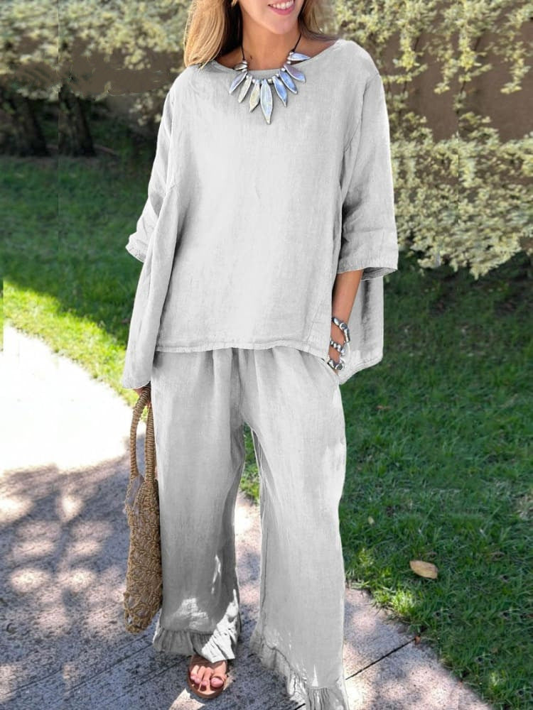 Cotton linen suit women's fashion solid colour loose casual trousers two-piece