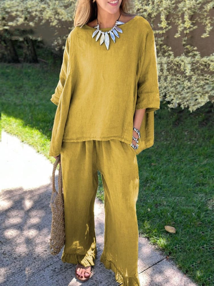 Cotton linen suit women's fashion solid colour loose casual trousers two-piece