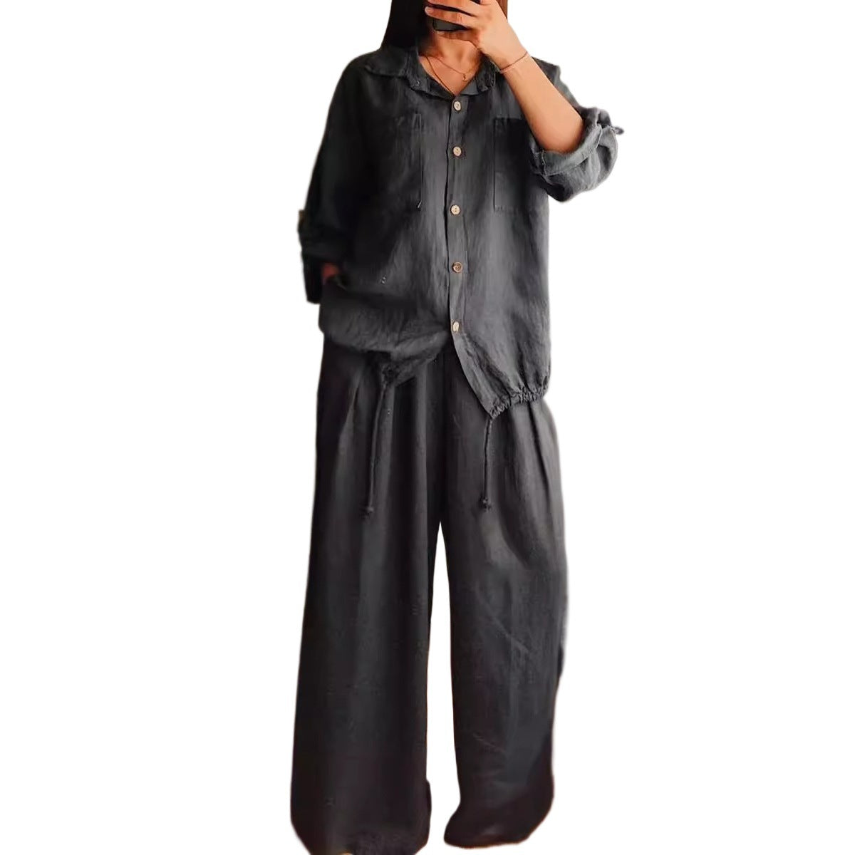 Large Size Loose Temperament Cotton Linen Button High Waist Solid Colour Long Sleeve Shirt Set