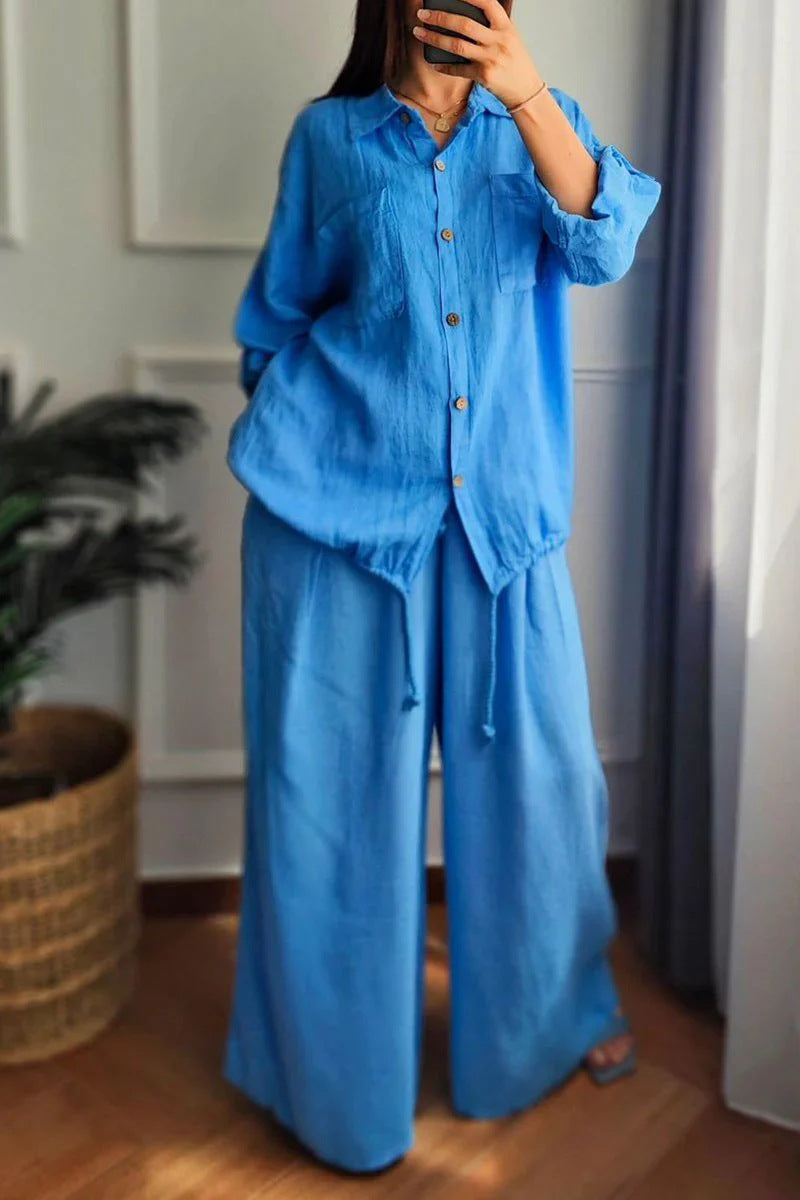Large Size Loose Temperament Cotton Linen Button High Waist Solid Colour Long Sleeve Shirt Set