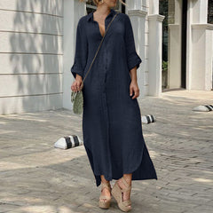 Cotton linen dress new shirt collar cotton linen button long dress