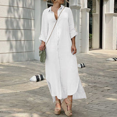 Cotton linen dress new shirt collar cotton linen button long dress