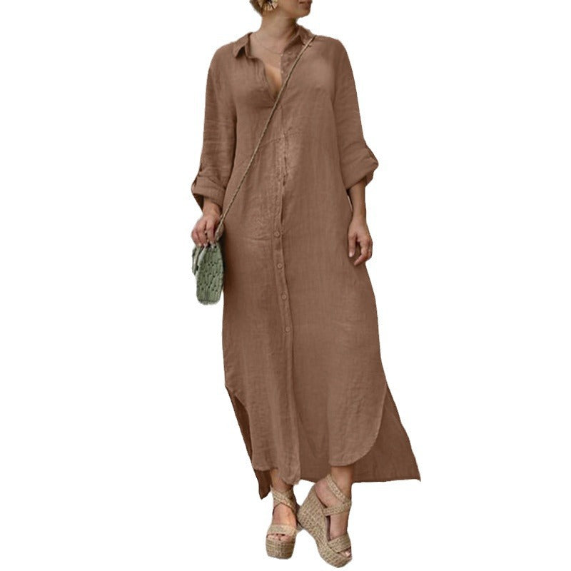 Cotton linen dress new shirt collar cotton linen button long dress