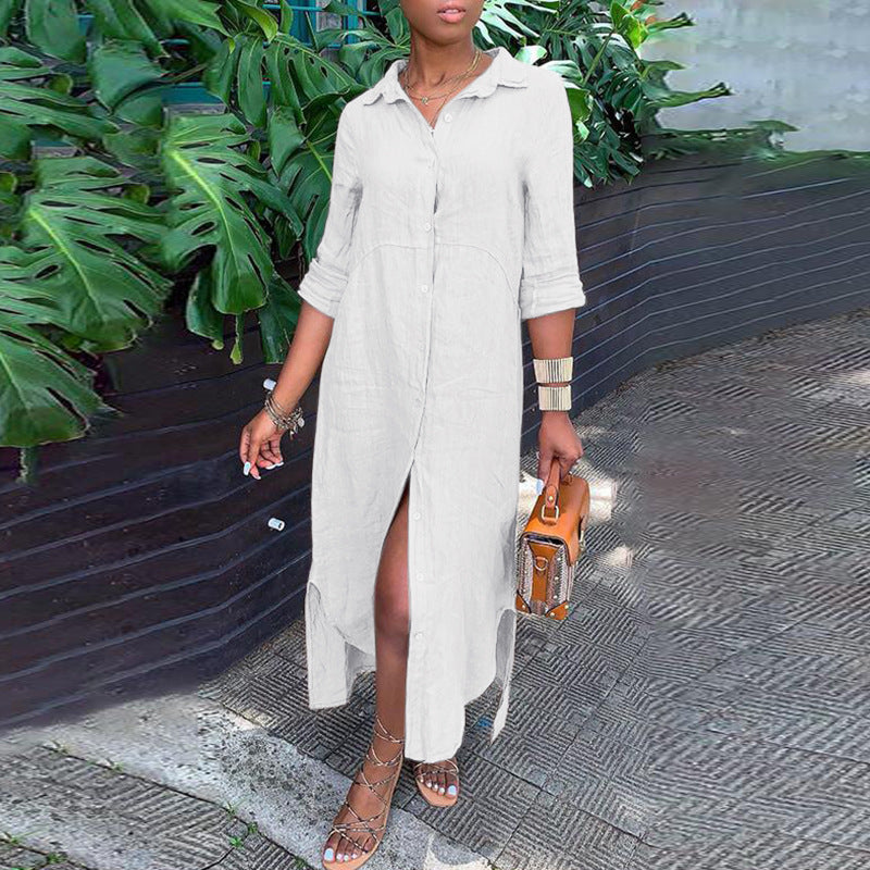 Cotton linen dress new shirt collar cotton linen button long dress