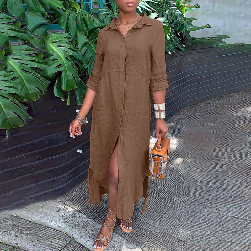 Cotton linen dress new shirt collar cotton linen button long dress