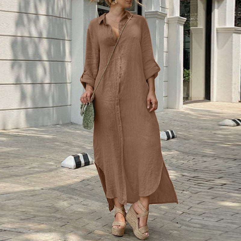 Cotton linen dress new shirt collar cotton linen button long dress