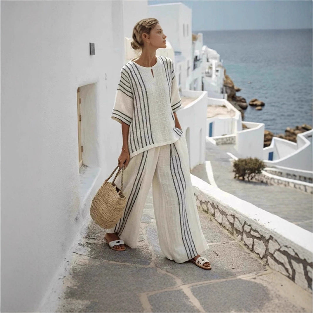 Round Neck Printed Comfortable Striped T-Shirt Wide Leg Pants Suit