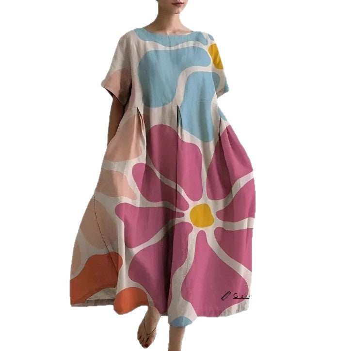 Summer New Loose Round Neck Fashion Premium Short Sleeve Printed Dresses