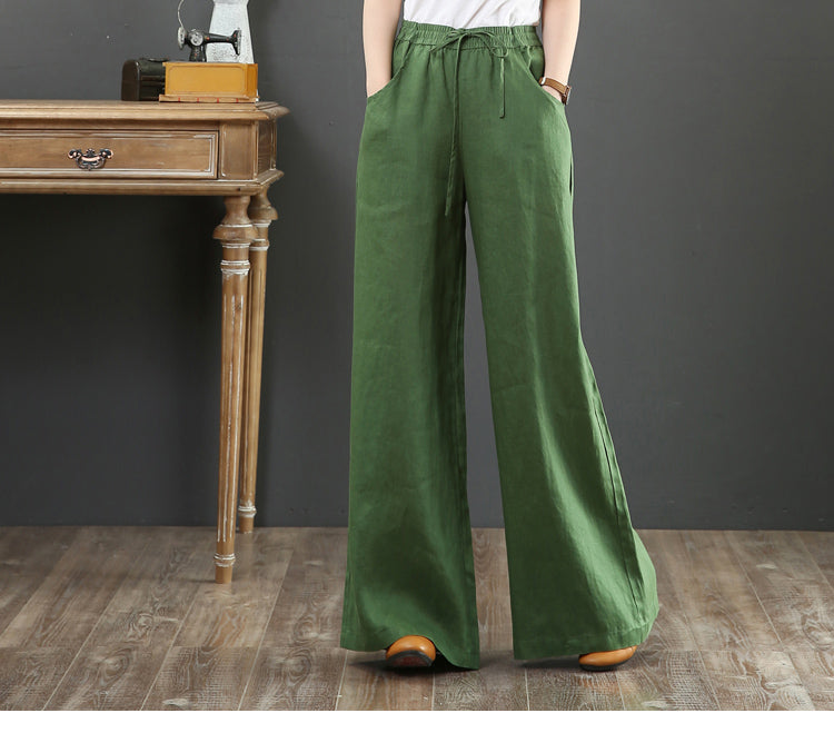 (25% off any two items) Cotton linen high-waisted loose plus size wide-legged pants straight pants