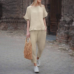 (Two for 25% off)Solid Color Vintage Loose Pants Set Cotton Linen Casual Long Sleeve