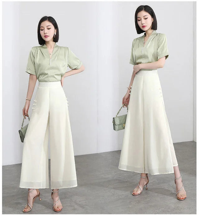 High waist drape chiffon wide-leg pants