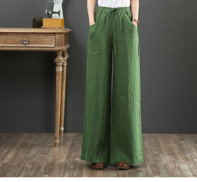 (25% off any two items) Cotton linen high-waisted loose plus size wide-legged pants straight pants