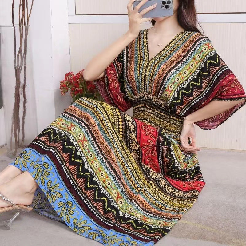 (25% Off Any 2 Pieces) Ethnic Style V-Neck Cotton Silk Short Sleeve Floral Skirt Dress