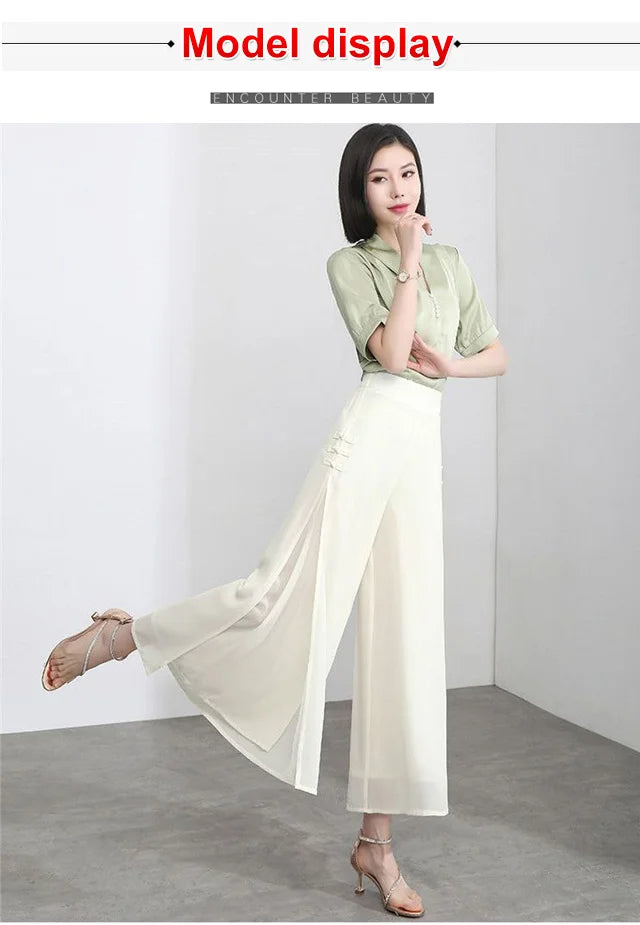 High waist drape chiffon wide-leg pants