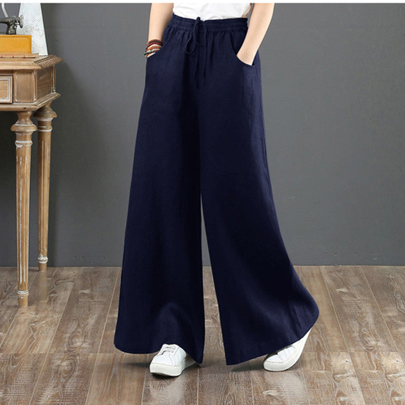 (25% off any two items) Cotton linen high-waisted loose plus size wide-legged pants straight pants