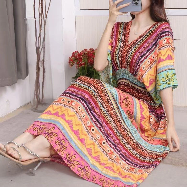 (25% Off Any 2 Pieces) Ethnic Style V-Neck Cotton Silk Short Sleeve Floral Skirt Dress