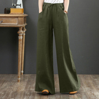 (25% off any two items) Cotton linen high-waisted loose plus size wide-legged pants straight pants