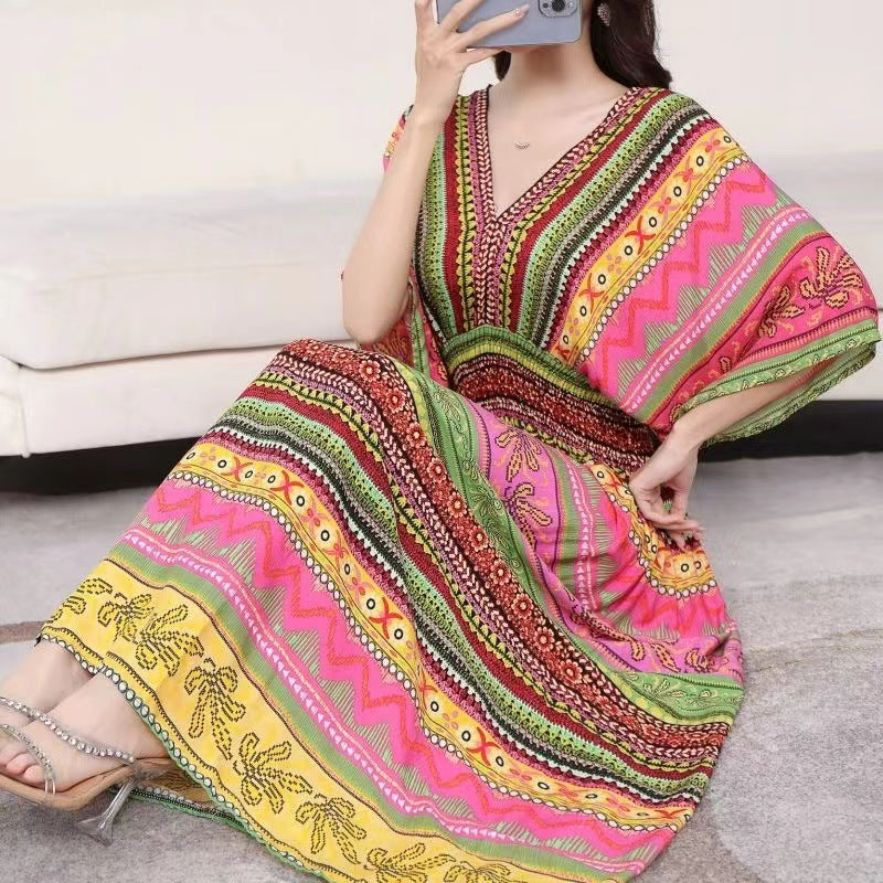 (25% Off Any 2 Pieces) Ethnic Style V-Neck Cotton Silk Short Sleeve Floral Skirt Dress