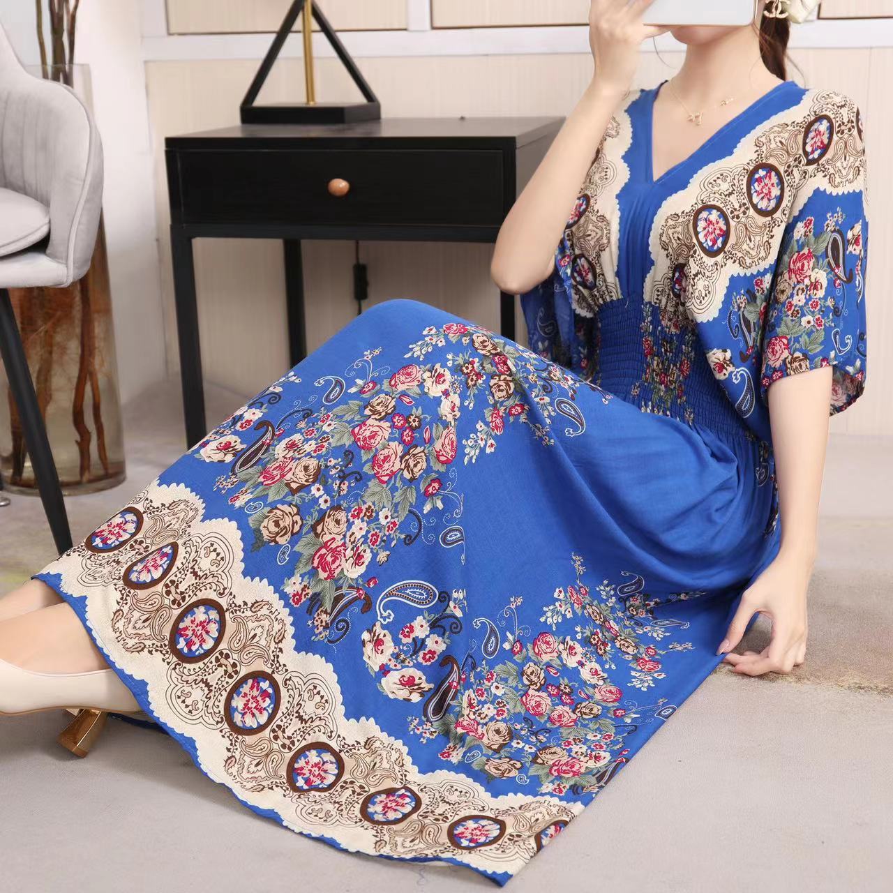 (25% Off Any 2 Pieces) Ethnic Style V-Neck Cotton Silk Short Sleeve Floral Skirt Dress