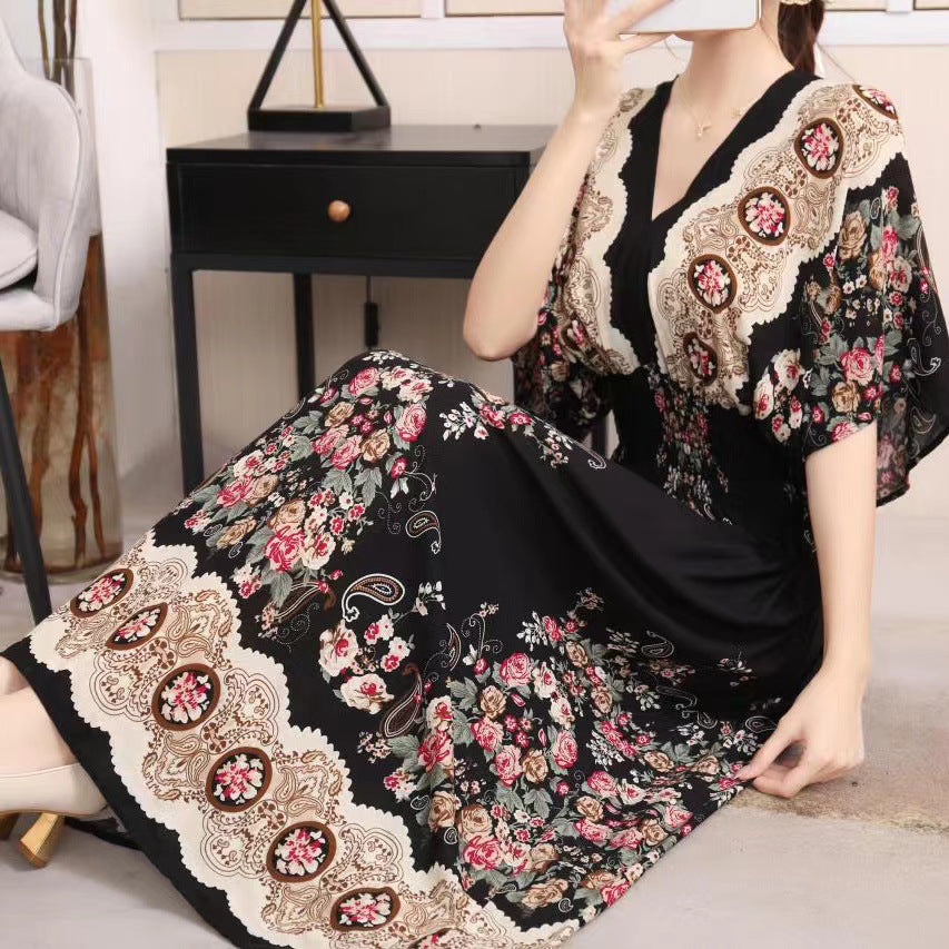 (25% Off Any 2 Pieces) Ethnic Style V-Neck Cotton Silk Short Sleeve Floral Skirt Dress