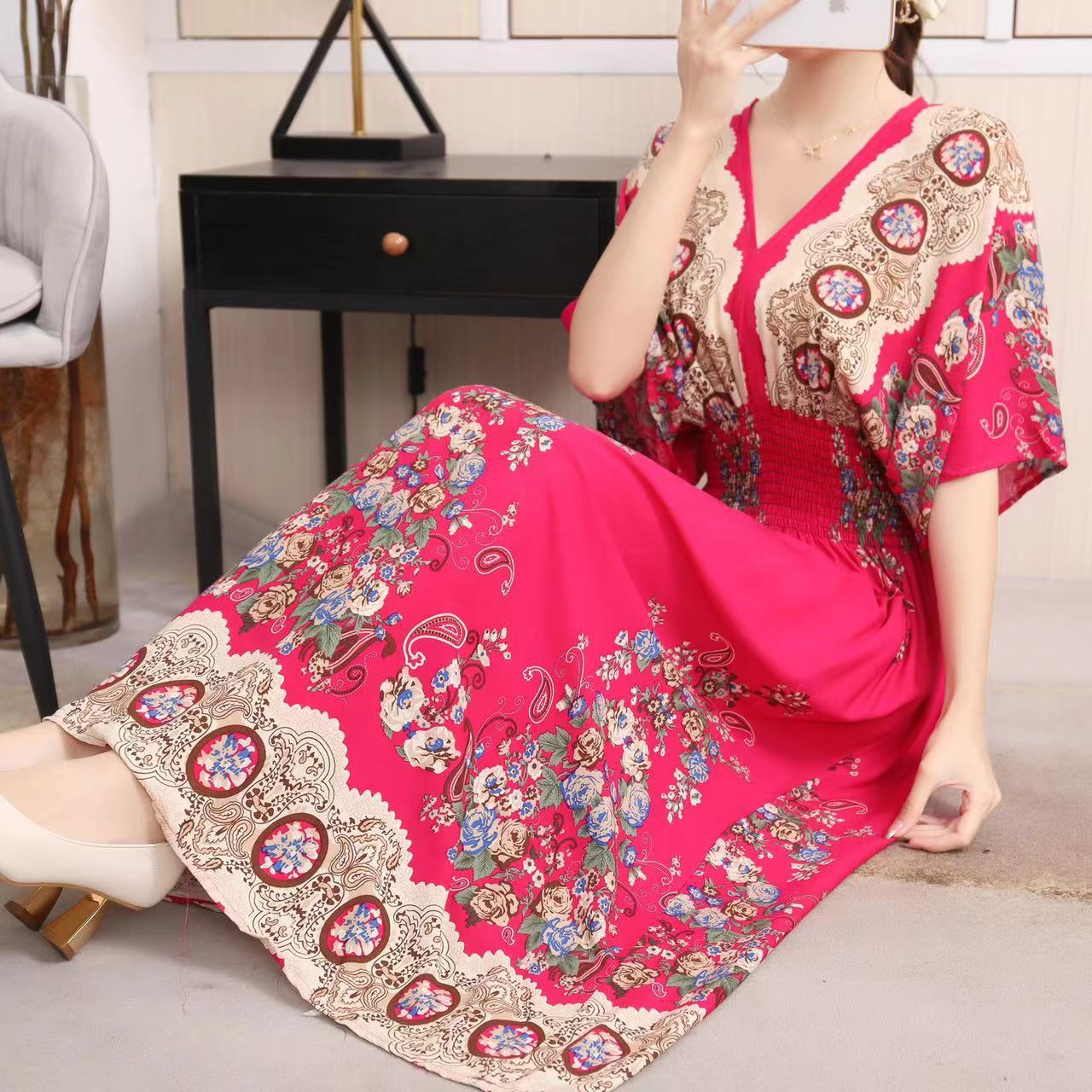 (25% Off Any 2 Pieces) Ethnic Style V-Neck Cotton Silk Short Sleeve Floral Skirt Dress