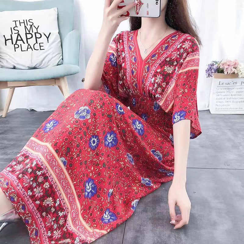 (25% Off Any 2 Pieces) Ethnic Style V-Neck Cotton Silk Short Sleeve Floral Skirt Dress