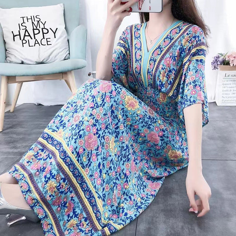 (25% Off Any 2 Pieces) Ethnic Style V-Neck Cotton Silk Short Sleeve Floral Skirt Dress