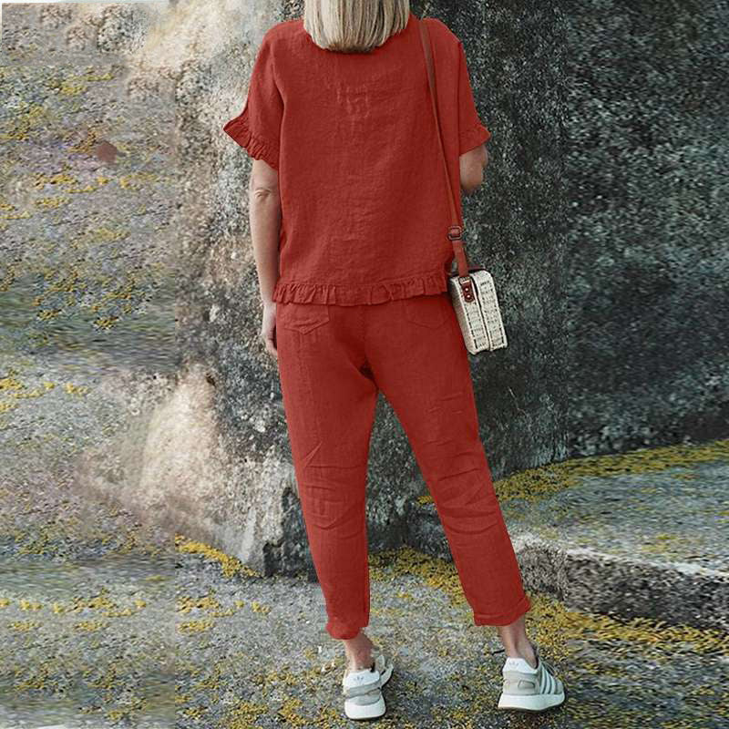 (Two for 25% off)Solid Color Vintage Loose Pants Set Cotton Linen Casual Long Sleeve