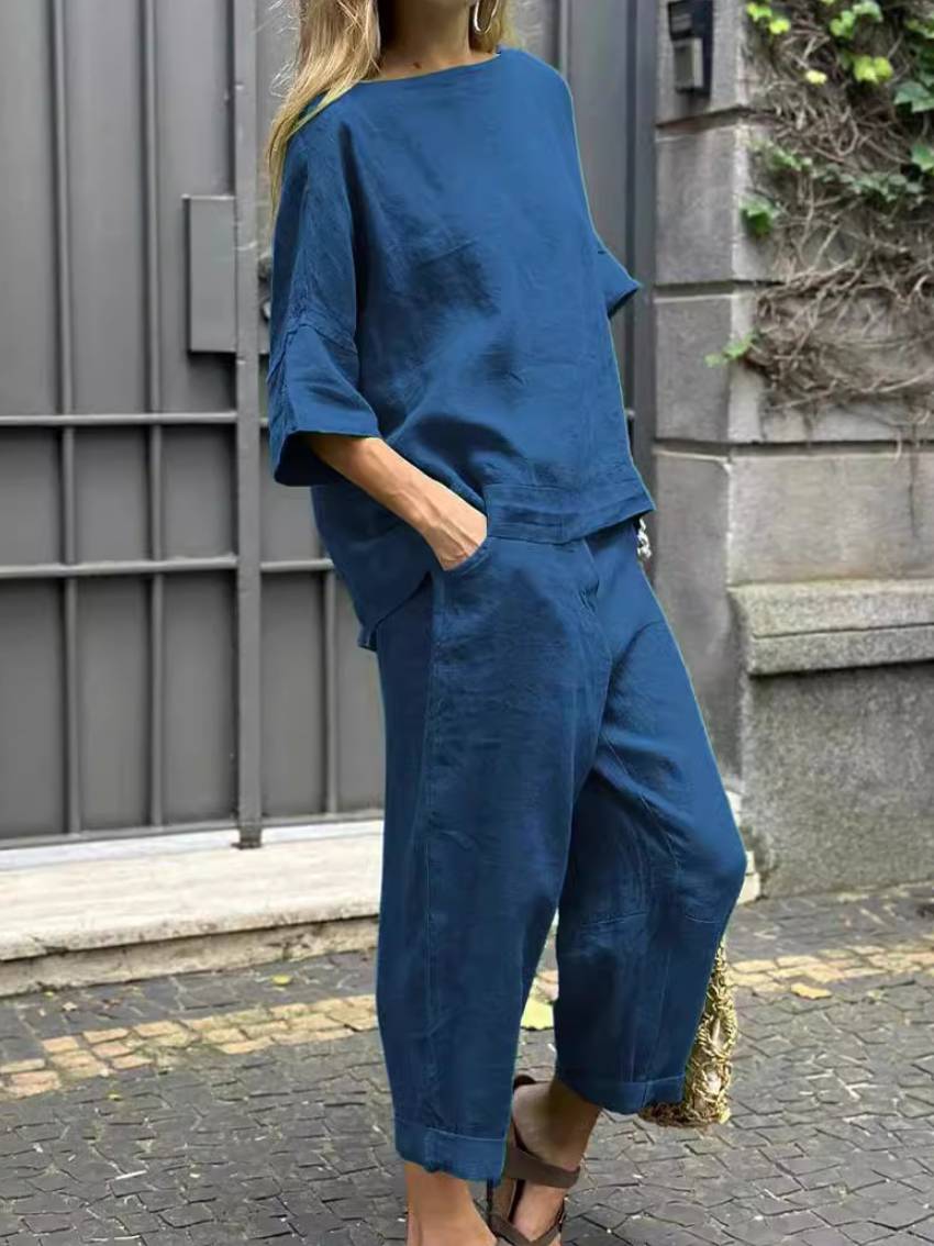 【25% off for 2 pieces】Large size cotton and linen shirt, high waisted loose trousers suit