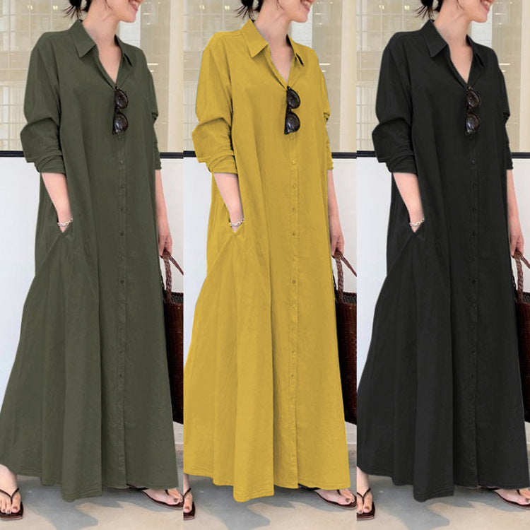 Cotton Linen Solid Color Long Sleeve Plug Pocket Simple Shirt Dress