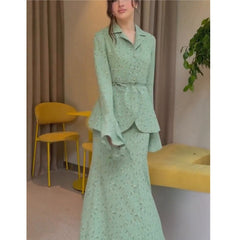 （25% off any two pieces）New fashionable small floral high-quality tunic long-sleeved tops and skirts two-piece set