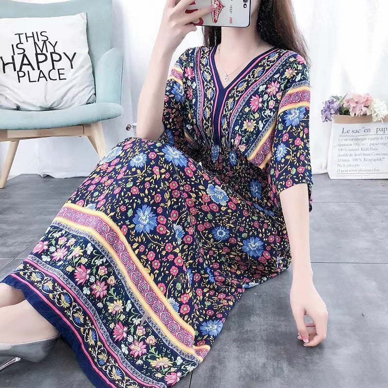 (25% Off Any 2 Pieces) Ethnic Style V-Neck Cotton Silk Short Sleeve Floral Skirt Dress