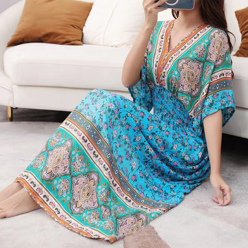 (25% Off Any 2 Pieces) Ethnic Style V-Neck Cotton Silk Short Sleeve Floral Skirt Dress