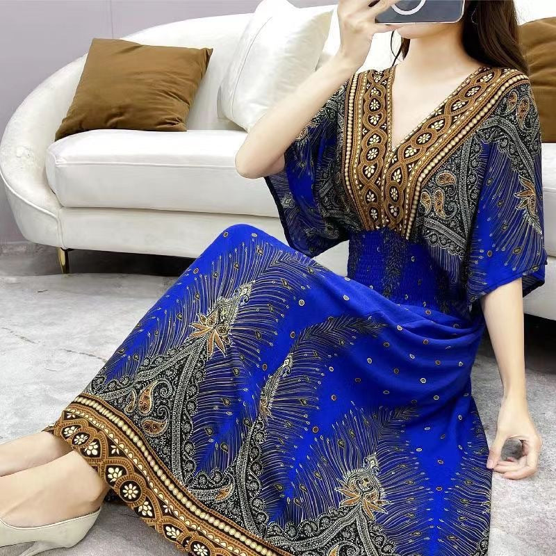 (25% Off Any 2 Pieces) Ethnic Style V-Neck Cotton Silk Short Sleeve Floral Skirt Dress