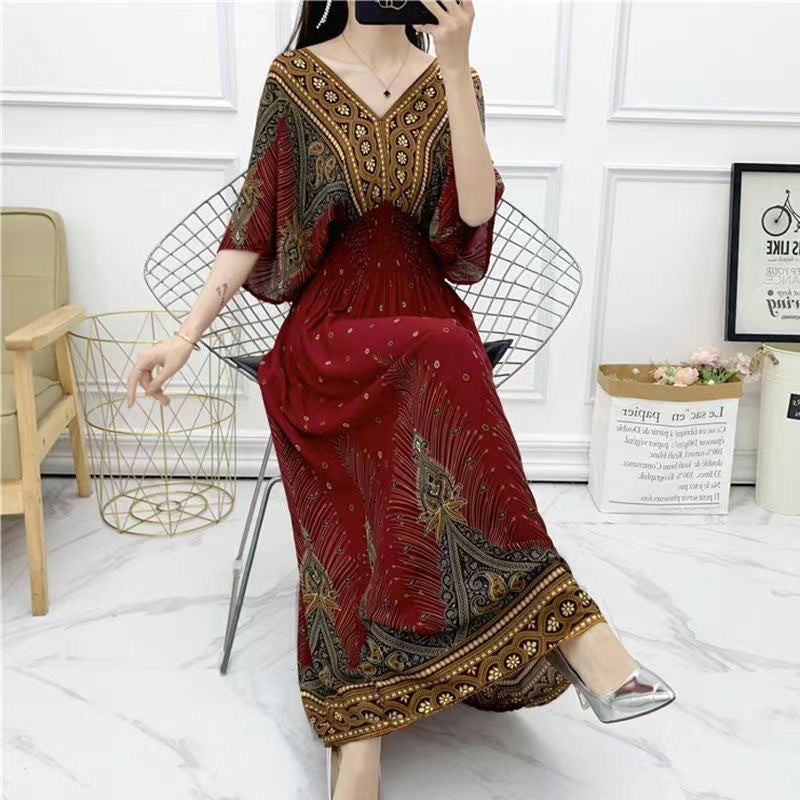 (25% Off Any 2 Pieces) Ethnic Style V-Neck Cotton Silk Short Sleeve Floral Skirt Dress