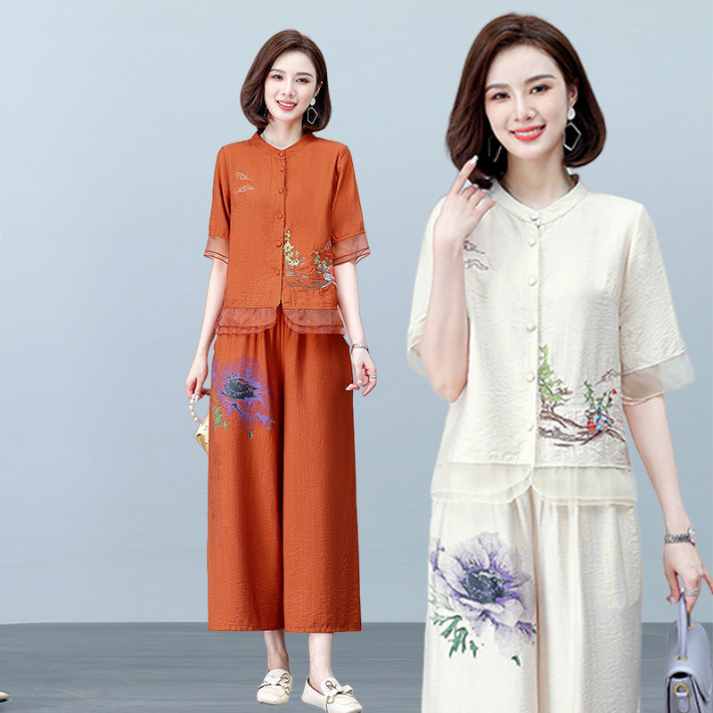 (Any two pieces 25% off) summer cotton and linen cardigan wrinkle summer two-piece loose plus size casual suit