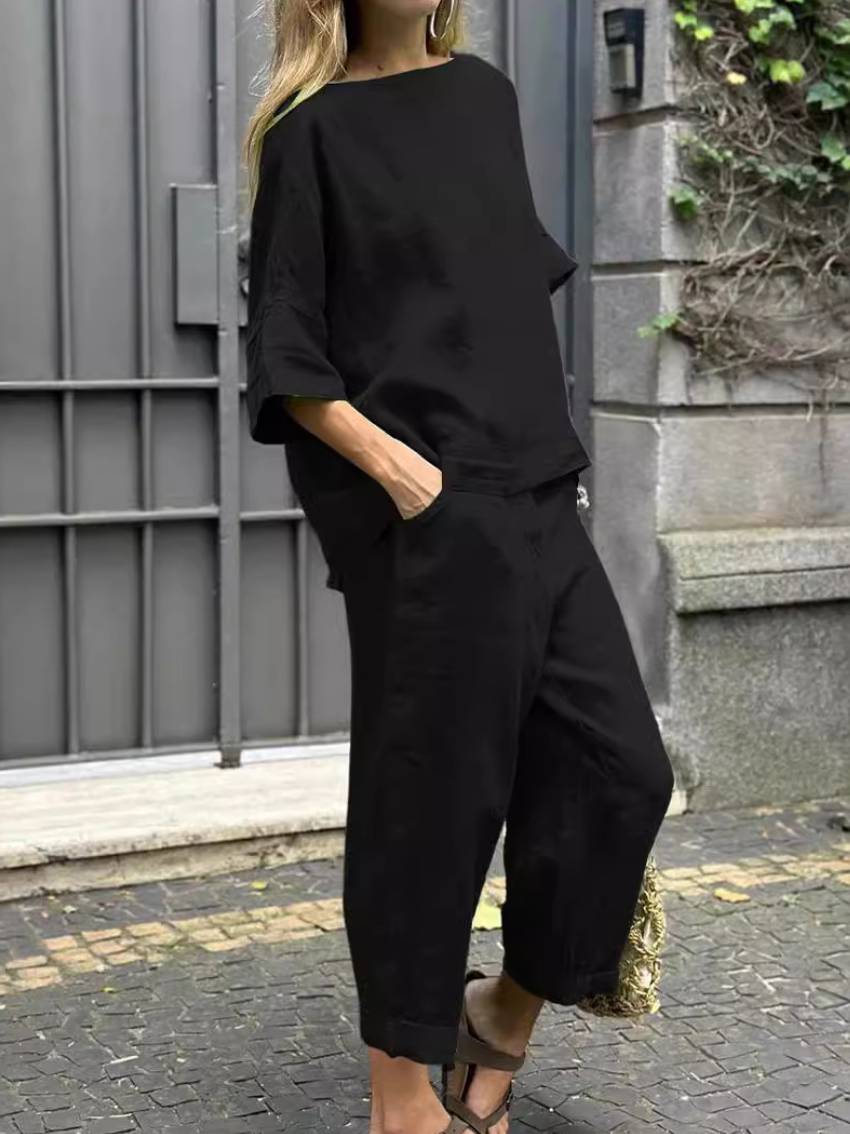 【25% off for 2 pieces】Large size cotton and linen shirt, high waisted loose trousers suit